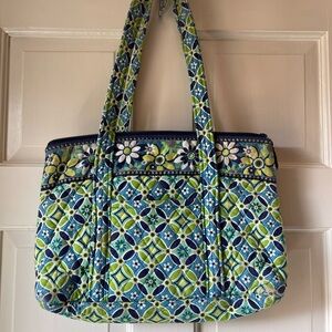 Floral Patterned Tote Bag - Blue and Green with accessories